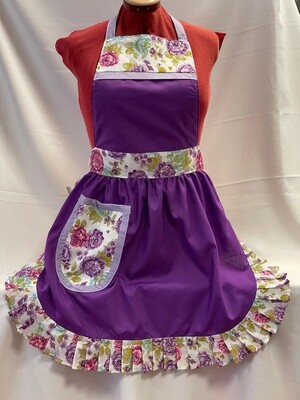 Retro Vintage 50&#39;s Style Full Apron - Purple with Lilac and Floral Trim