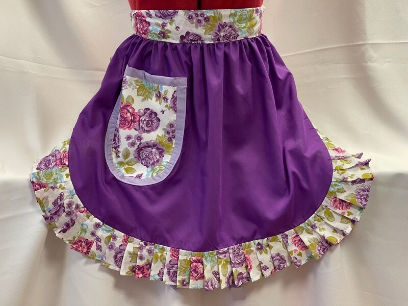 Retro Vintage 50&#39;s Style Half Apron - Purple with Lilac &amp; Floral Trim