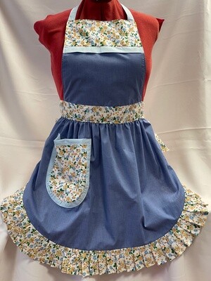 Retro Vintage 50&#39;s Style Full Apron - Denim with Pale Blue &amp; Floral Trim
