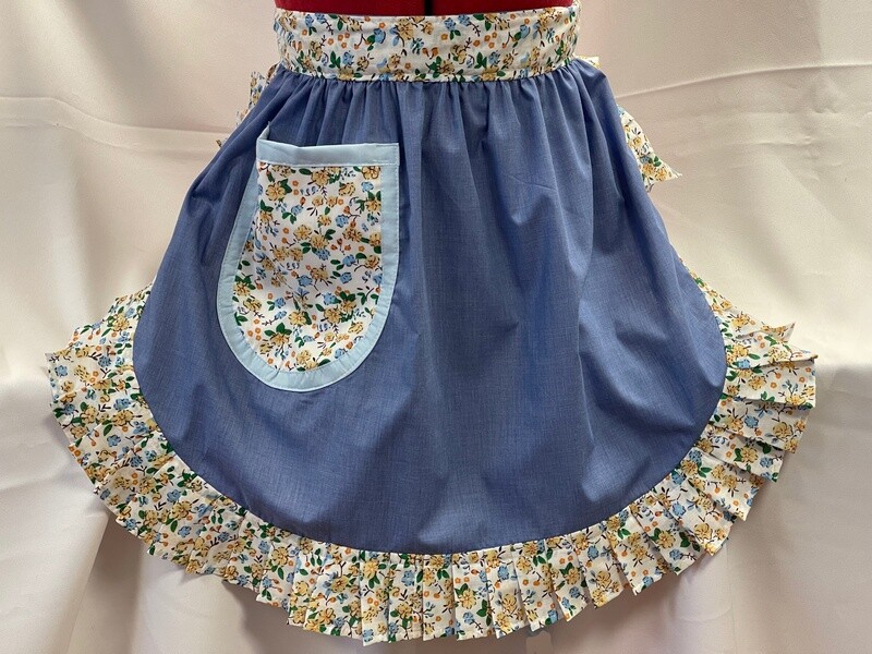 Retro Vintage 50&#39;s Style Half Apron - Denim with Pale Blue &amp; Floral Trim