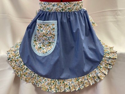 Retro Vintage 50&#39;s Style Half Apron - Denim with Pale Blue &amp; Floral Trim