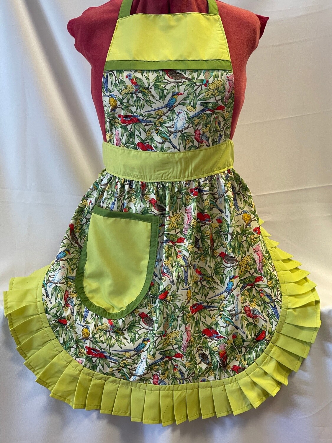 Retro Vintage 50&#39;s Style Full Apron - Birds in Paradise with Pastel Green Trim