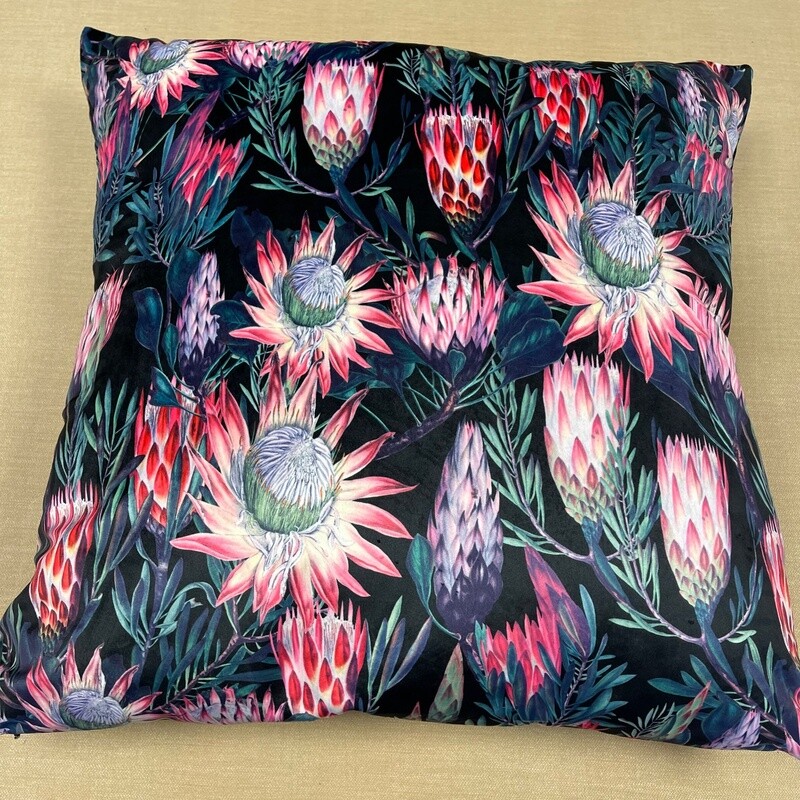 Large Cushion Cover with Protea Flowers in Black - 290gsm Velvet