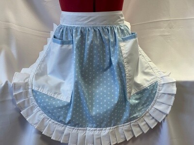 Retro Vintage 50&#39;s Style Half Apron with 2 Pockets - Light Blue with White Stars &amp; White Trim