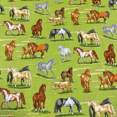 In The Country - Horses - Green - 100% cotton print fabric