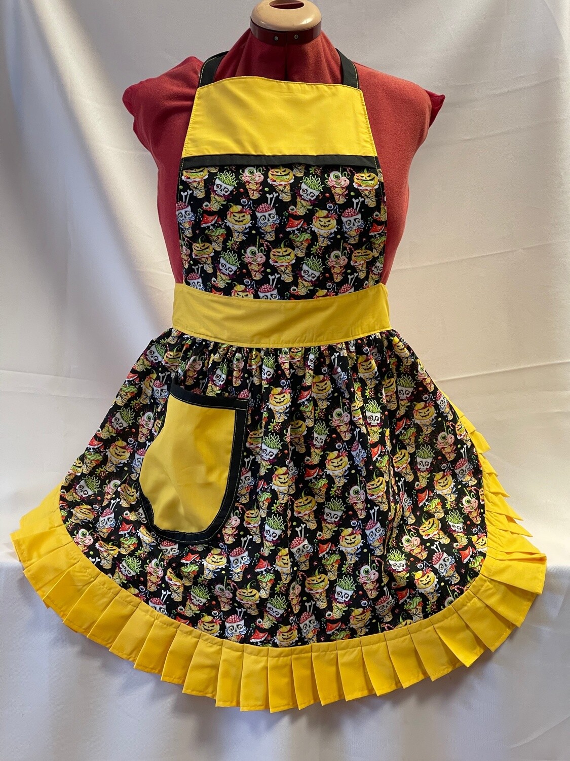 Retro Vintage 50&#39;s Style Full Apron - Spooky Ice Creams on Black with Gold Trim