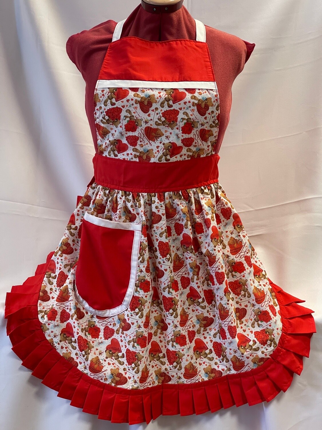 Retro Vintage 50&#39;s Style Full Apron - Teddy Bears and Hearts on White with Red Trim