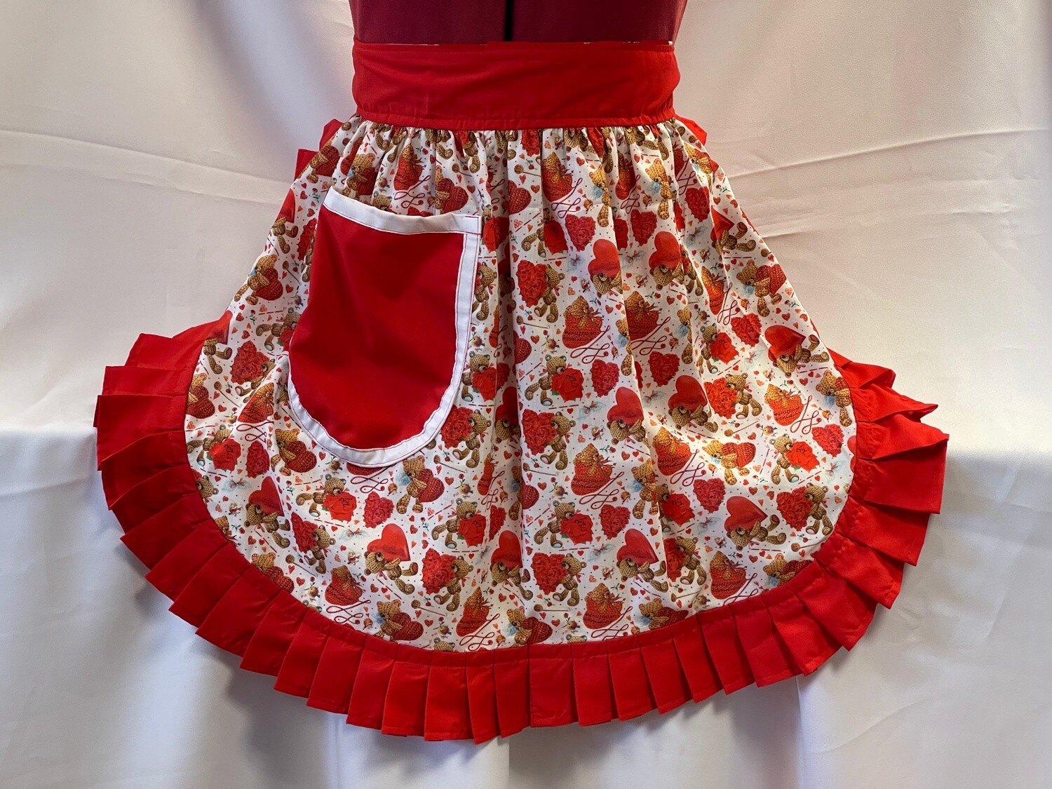 Retro Vintage 50&#39;s Style Half Apron - Teddy Bears and Hearts on White with Red Trim