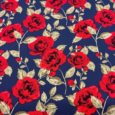 Red Roses on Navy - 100% cotton print fabric