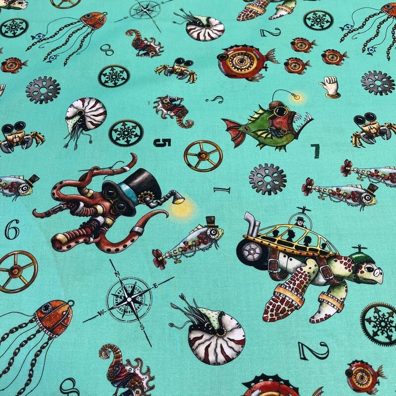 Quilting Treasures​ - Aquatic Steampunkery - Aqua - 100% cotton print fabric