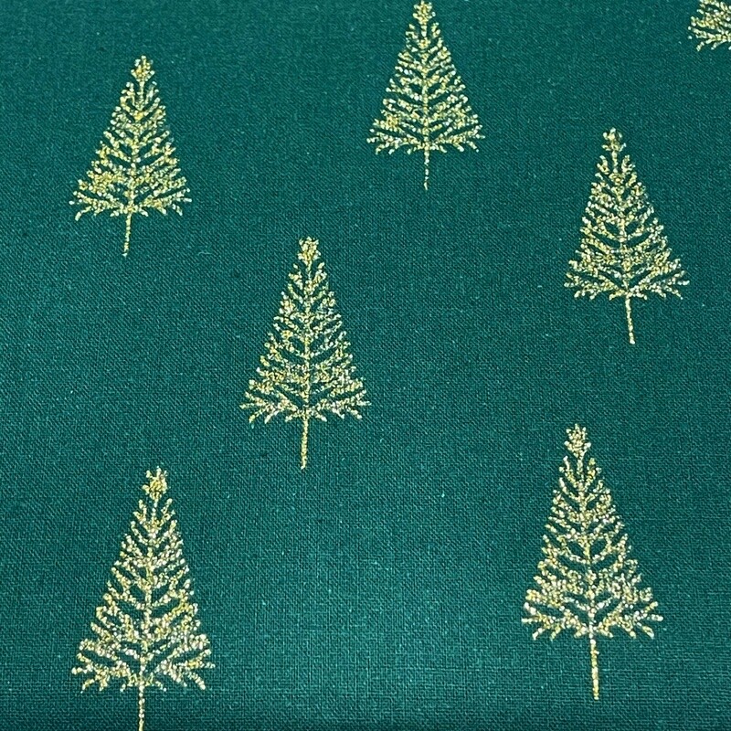 Christmas Tress - Green / Gold - 100% cotton glitter print fabric