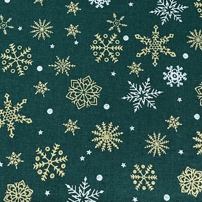 Christmas Snowflakes - Green / Gold / Silver - 100% cotton metallic foil print fabric