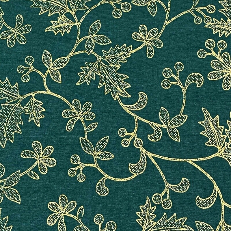 Christmas Holly - Green / Gold - 100% cotton metallic foil print fabric