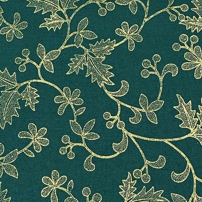 Christmas Holly - Green / Gold - 100% cotton metallic foil print fabric