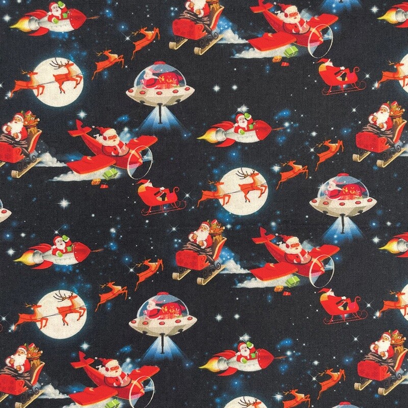 Flying Father Christmas - Black - 100% cotton digital print fabric