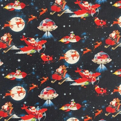 Flying Father Christmas - Black - 100% cotton digital print fabric
