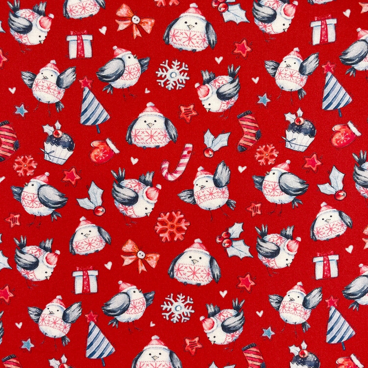 Christmas Robins - Red - 100% cotton digital print fabric