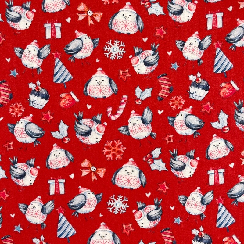 Christmas Robins - Red - 100% cotton digital print fabric