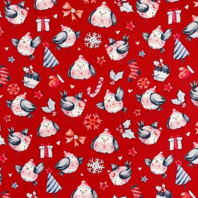Christmas Robins - Red - 100% cotton digital print fabric