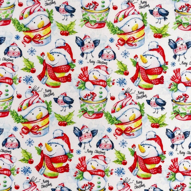 Jolly Snowmen - White - 100% cotton digital print fabric