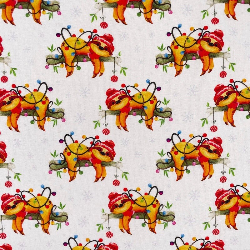 Christmas Sloths - White - 100% cotton digital print fabric