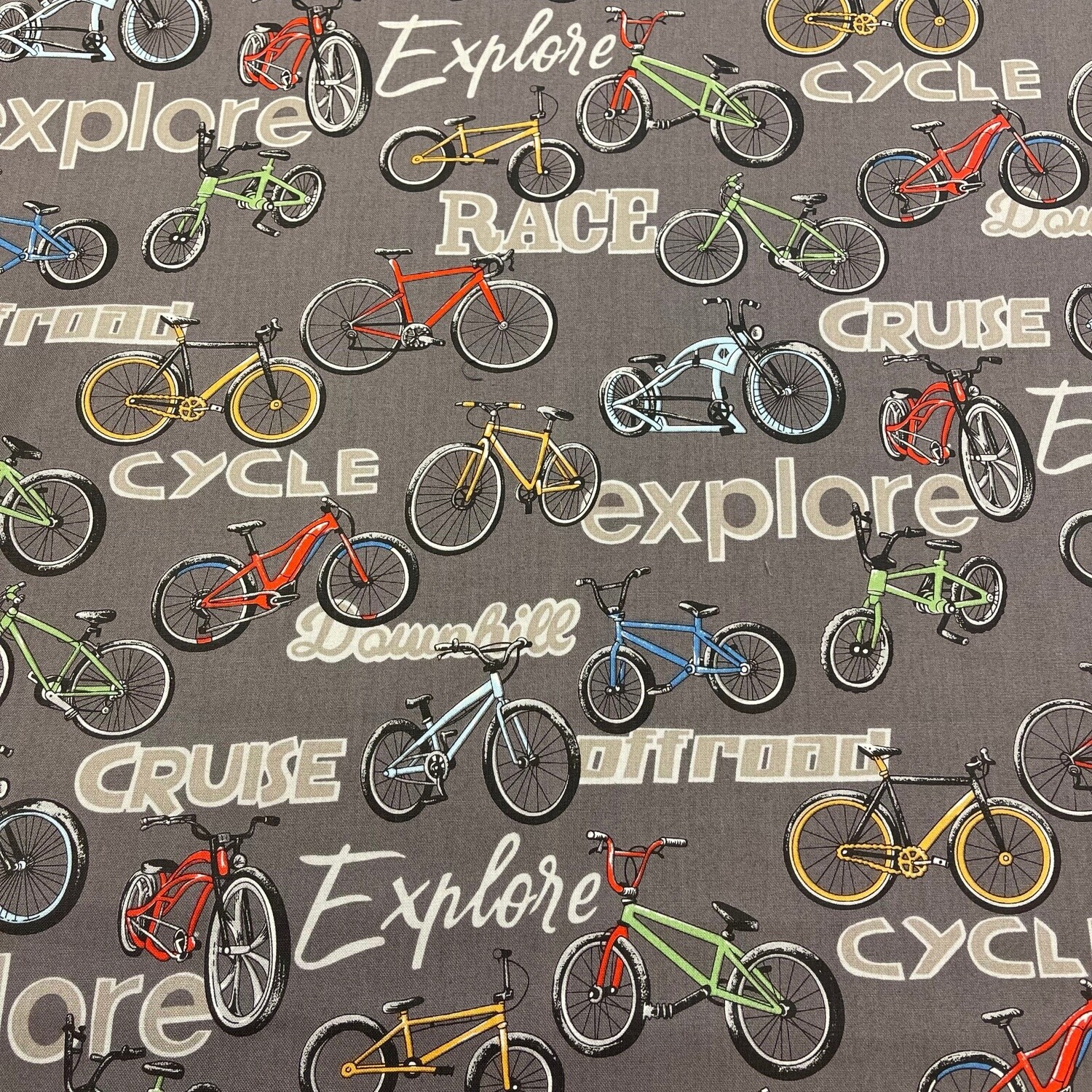 On Two Wheels - Words - Grey - 100% cotton print fabric