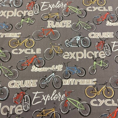 On Two Wheels - Words - Grey - 100% cotton print fabric
