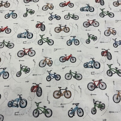 On Two Wheels - Scatter - White - 100% cotton print fabric