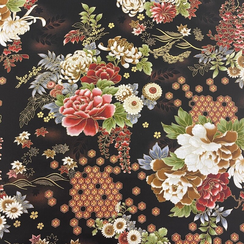 Kujo - Black - 100% cotton print Japanese metallic fabric