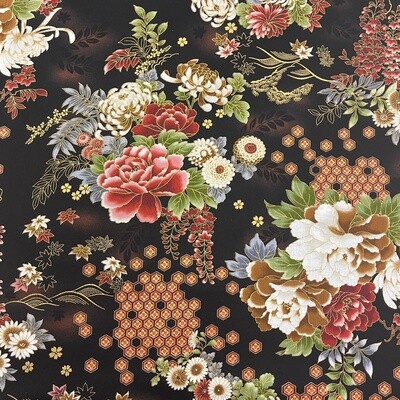 Kujo - Black - 100% cotton print Japanese metallic fabric