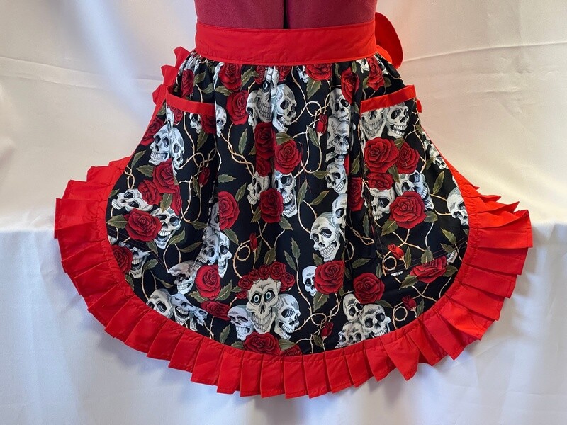 Retro Vintage 50&#39;s Style Half Apron with 2 Pockets - Skulls &amp; Roses on Black with Red Trim