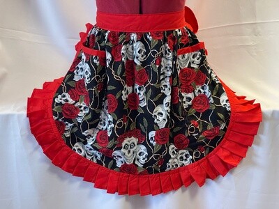 Retro Vintage 50&#39;s Style Half Apron with 2 Pockets - Skulls &amp; Roses on Black with Red Trim