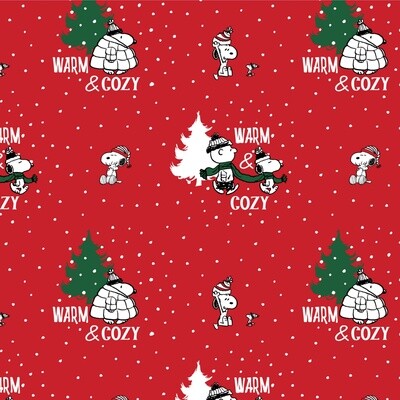 Snoopy at Christmas digital print fabric - Warm &amp; Cosy - Red - 100% cotton
