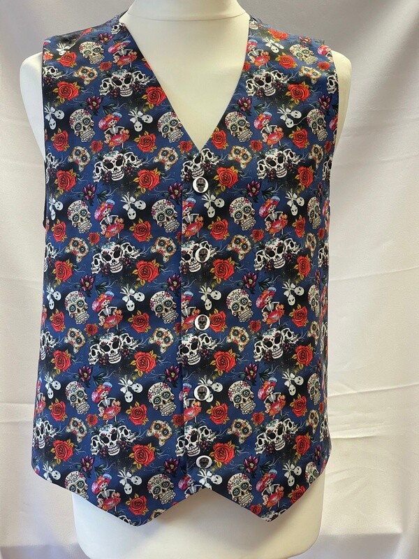 Handmade Waistcoat - Day of the Dead / Sugar Skulls - Blue