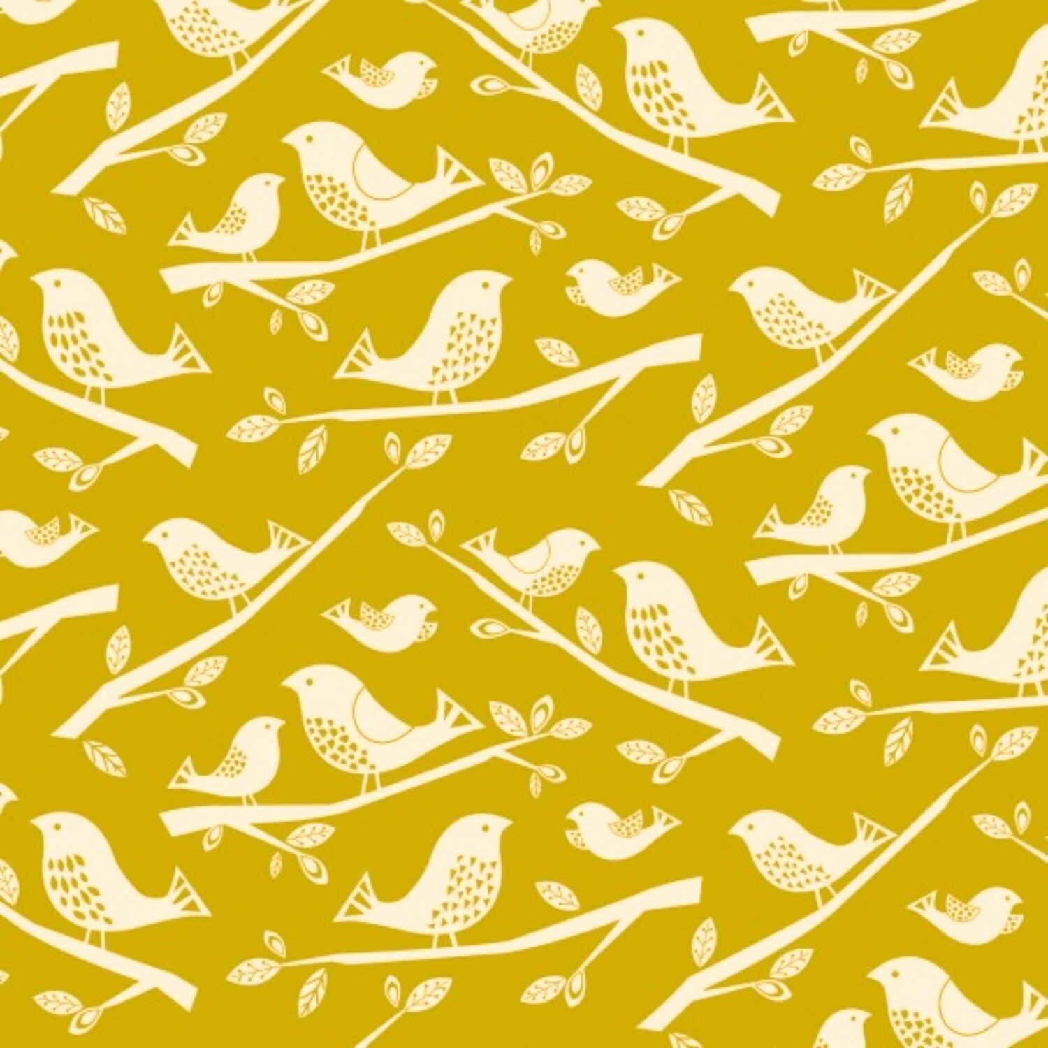 Leafy Meadow - Birds - Mustard / Gold - 100% cotton print fabric
