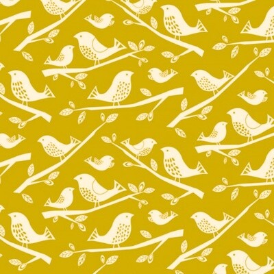 Leafy Meadow - Birds - Mustard / Gold - 100% cotton print fabric