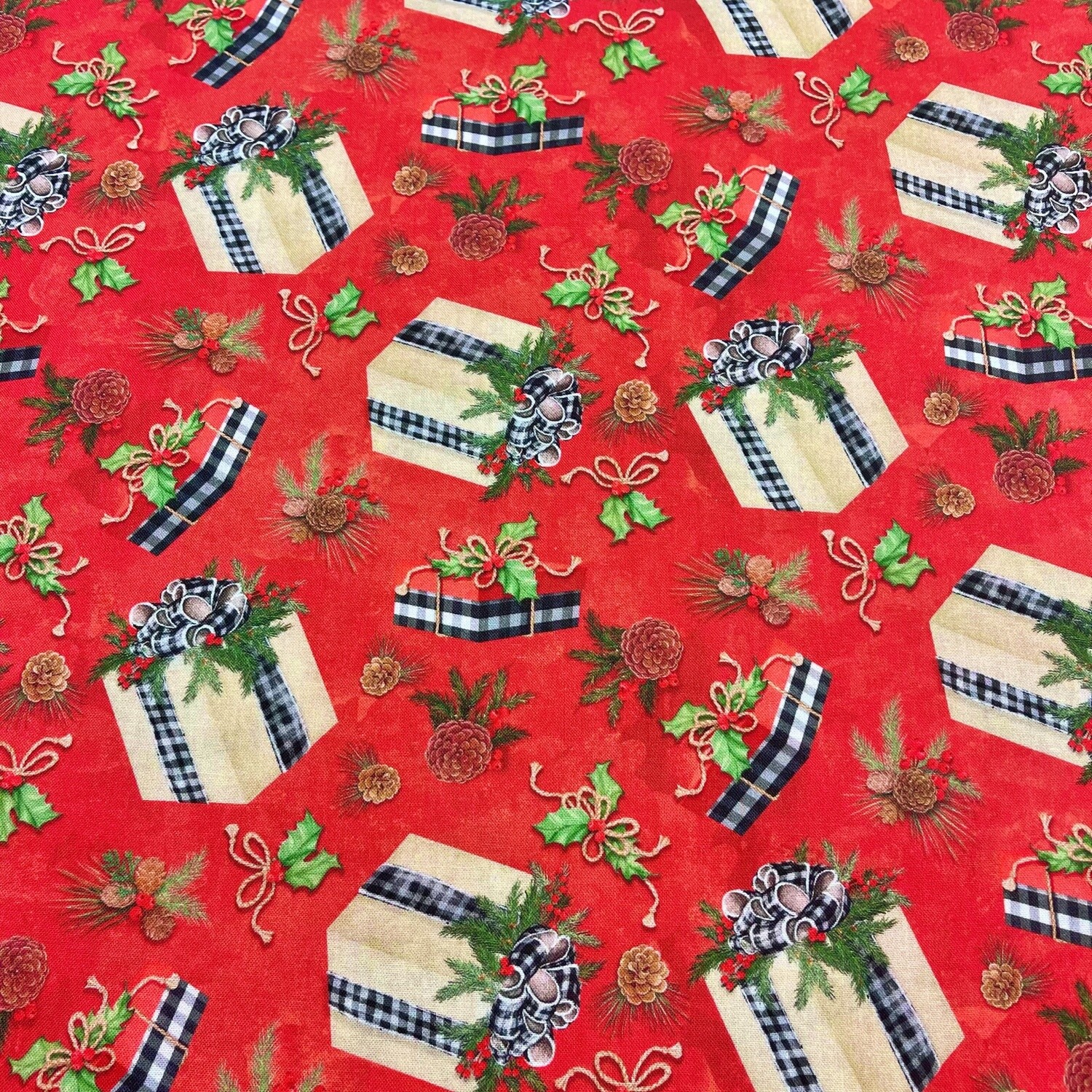 Christmas Gifts - Red - 100% cotton print fabric