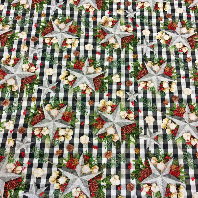 Christmas Table Decorations, Stars with Ferns &amp; Berries  - Green - 100% cotton print fabric