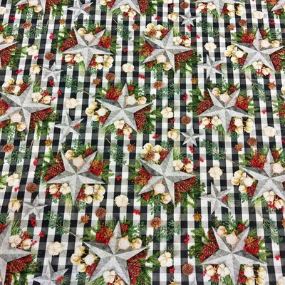 Christmas Table Decorations, Stars with Ferns &amp; Berries  - Green - 100% cotton print fabric