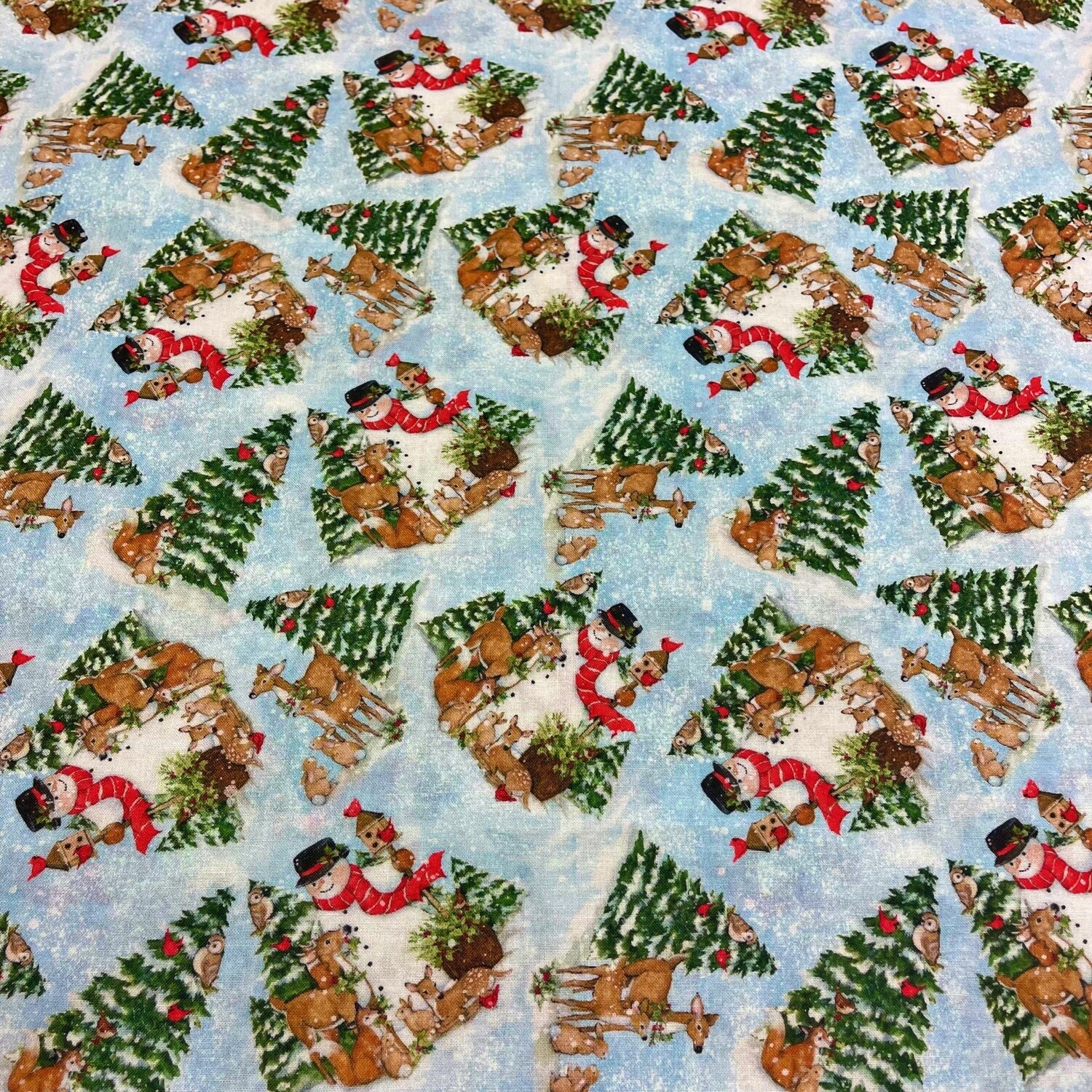 Christmas Snowman, Trees and Reindeer  - Pale Blue - 100% cotton print fabric