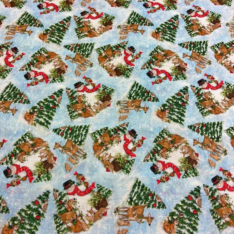 Christmas Snowman, Trees and Reindeer  - Pale Blue - 100% cotton print fabric