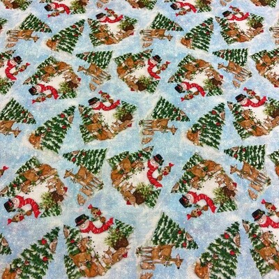 Christmas Snowman, Trees and Reindeer  - Pale Blue - 100% cotton print fabric