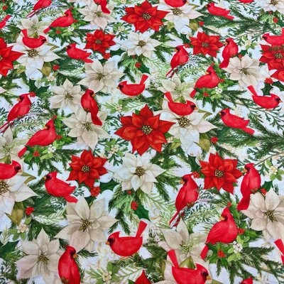 Christmas Poinsettia  - White &amp; Red - 100% cotton print fabric