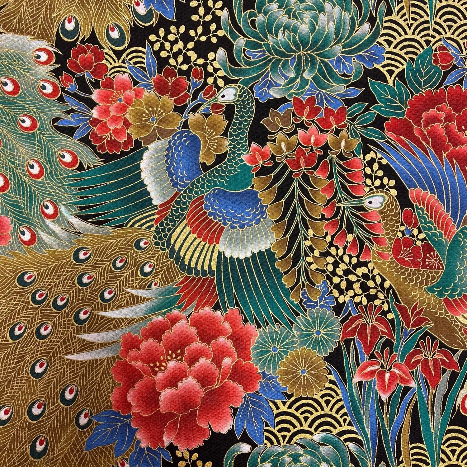 Tateba - Black / Teal - 100% cotton metallic print fabric