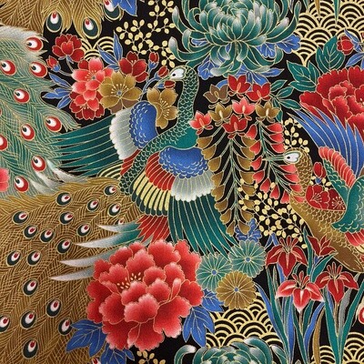 Tateba - Black / Teal - 100% cotton metallic print fabric