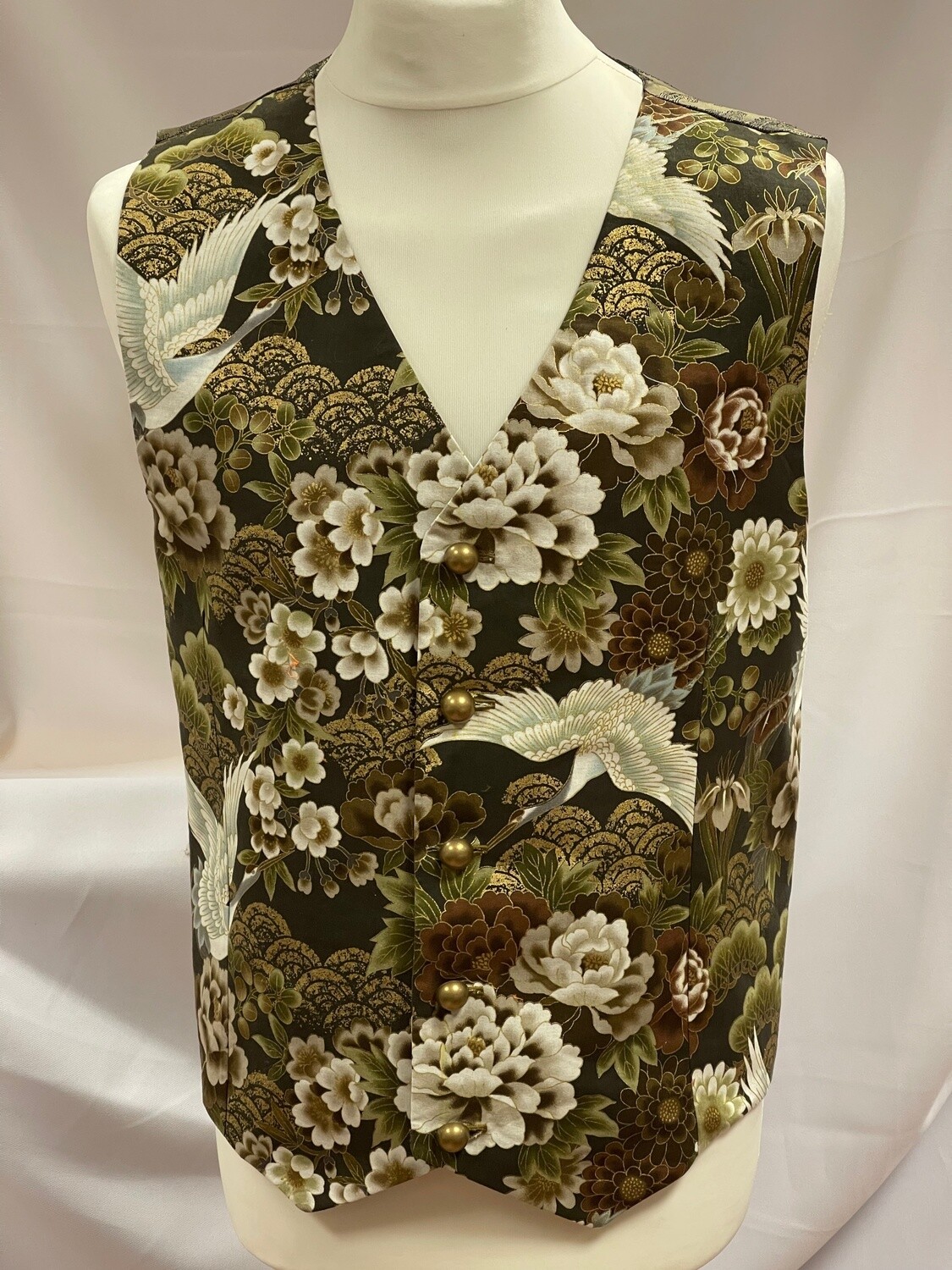 Handmade Waistcoat - Kio (Cranes) - Old Gold, Size: S