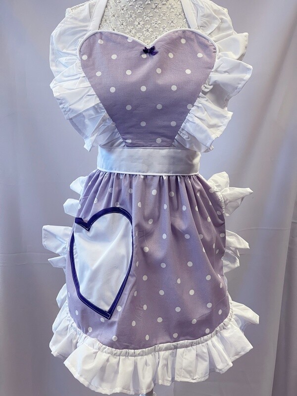 Retro Vintage 50&#39;s Style Full Apron with Heart Shaped Top and Pocket - Lavender and White Polka Dot with White Trim