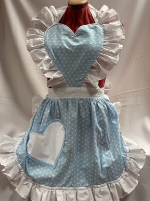Retro Vintage 50&#39;s Style Full Apron with Heart Shaped Top and Pocket - Pale Blue with White Stars and White Trim