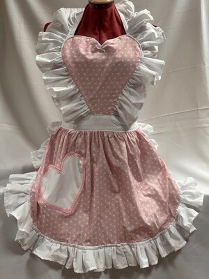 Retro Vintage 50&#39;s Style Full Apron with Heart Shaped Top and Pocket - Candy Pink with White Stars and White Trim