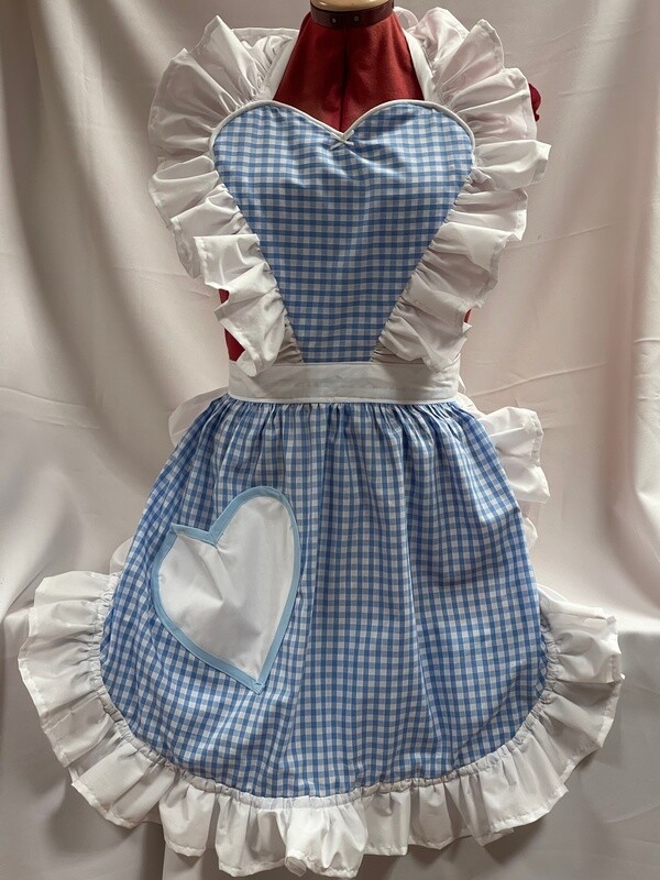 Retro Vintage 50&#39;s Style Full Apron with Heart Shaped Top and Pocket - Light Blue and White Gingham with White Trim